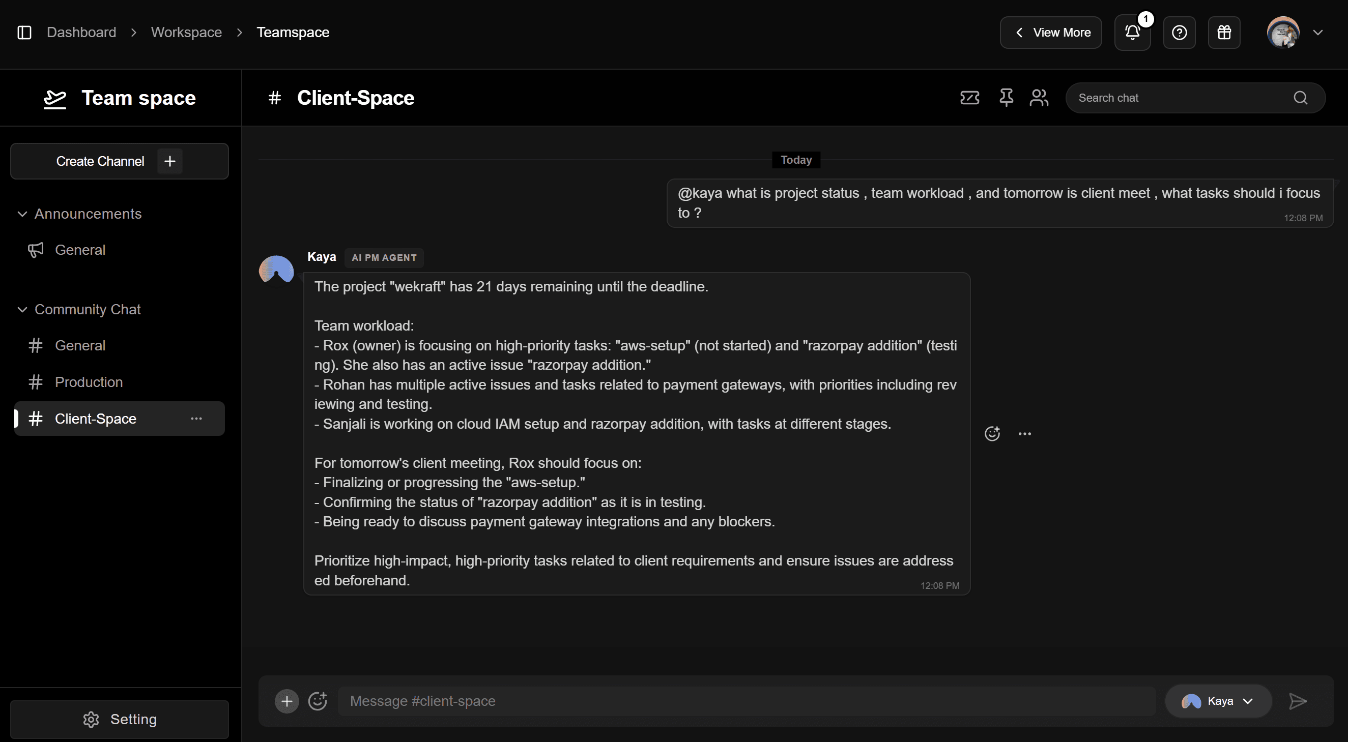 Kaya AI PM Agent managing team in WeKraft teamspace