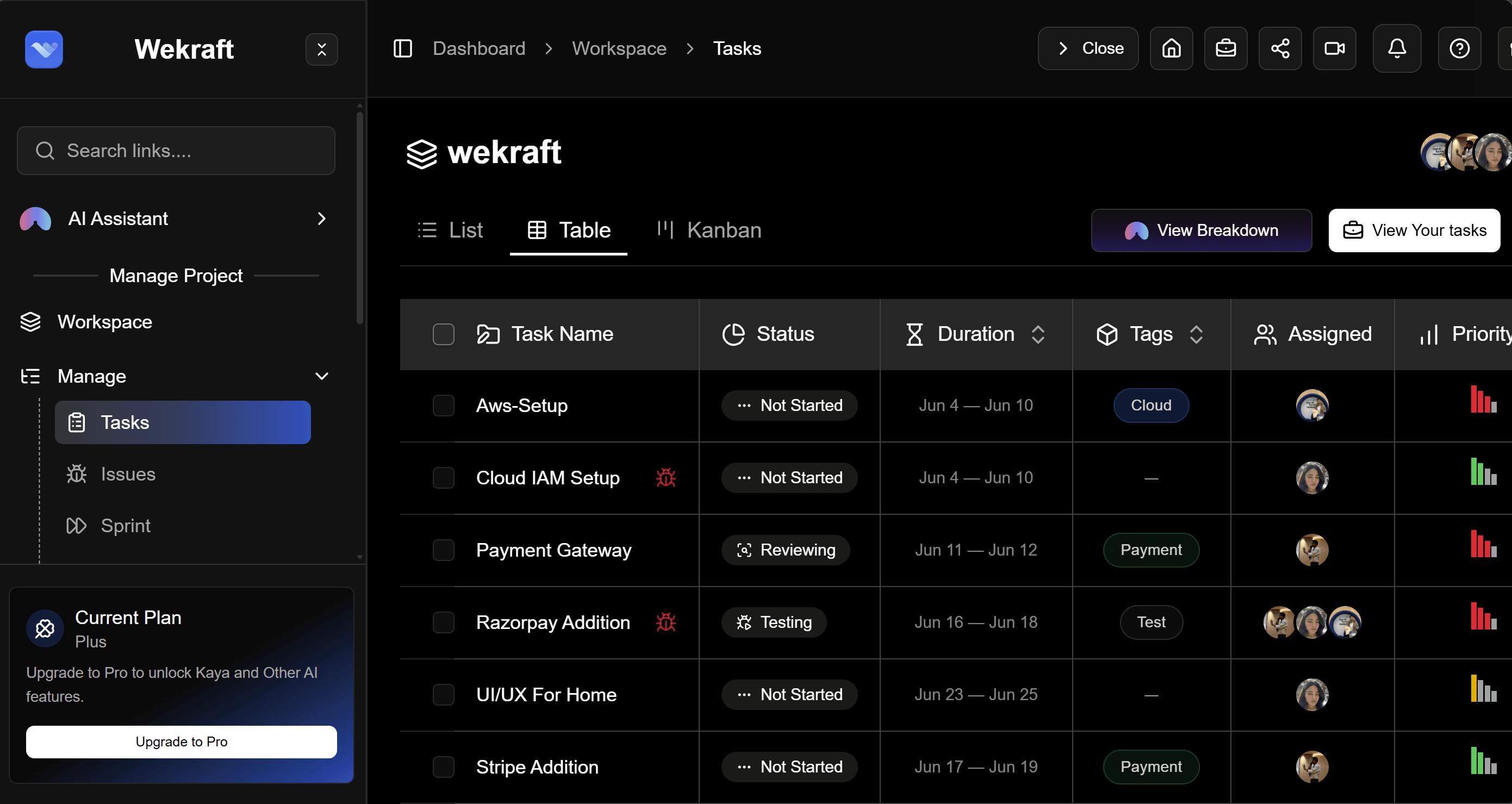 WeKraft task management with multiple views